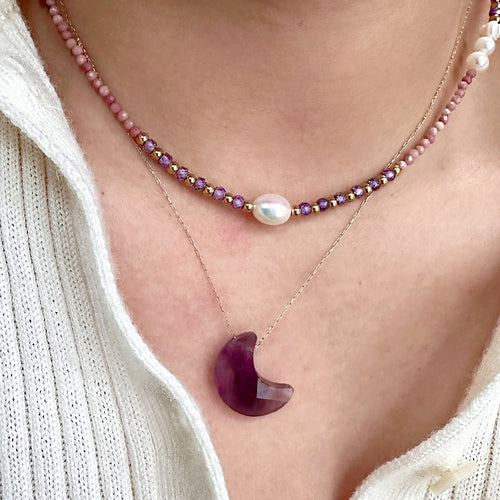 Amethyst & Pearl Necklace with Crescent Moon Carved Amethyst Necklace Set