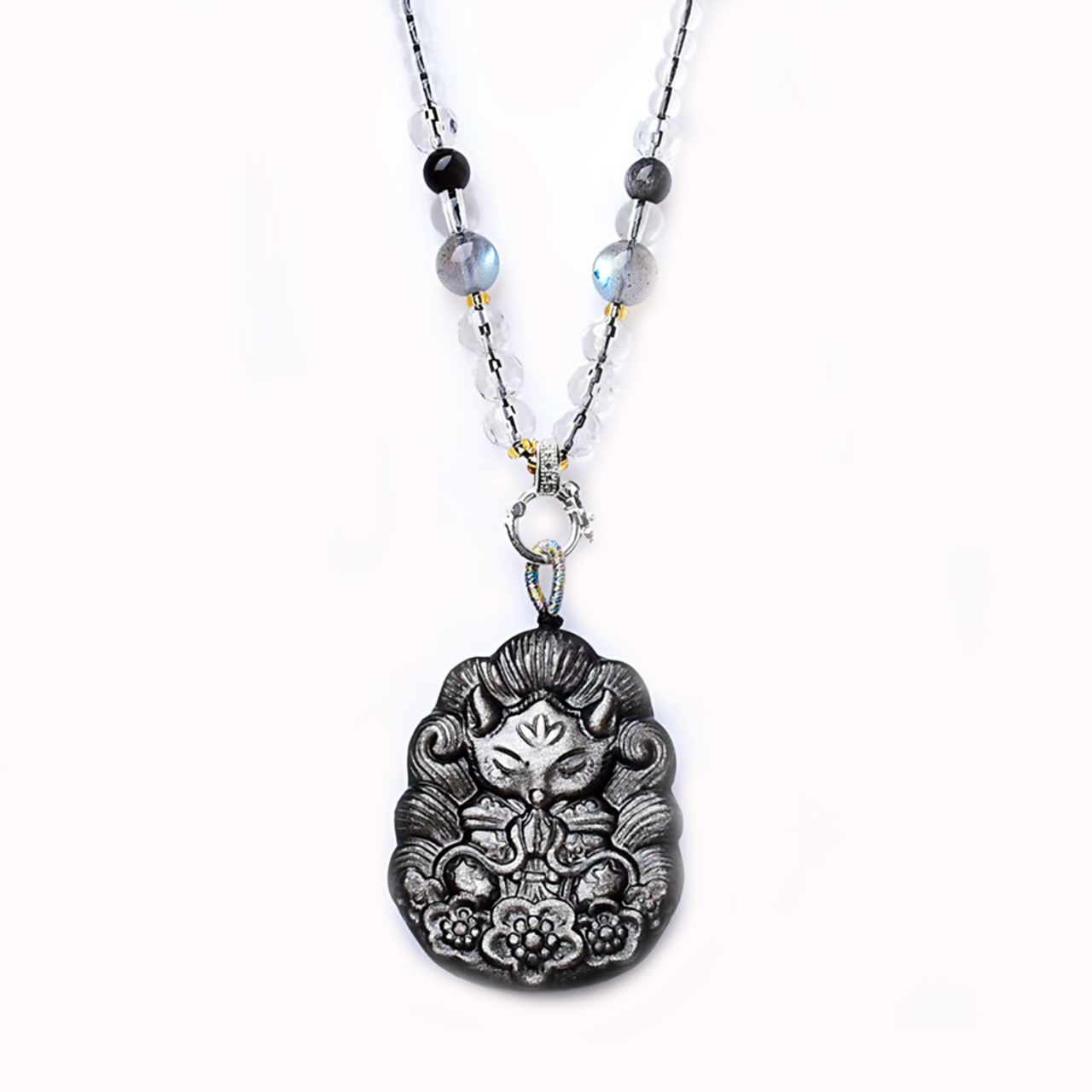 Silver Obsidian Nine-Tailed Fox Pendant Necklace