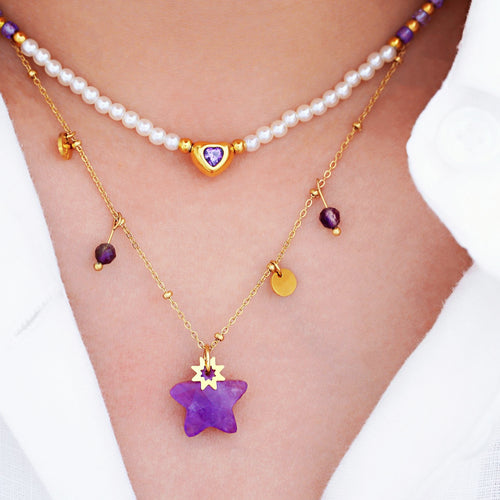 Amethyst Star Necklace & Heart Amethyst with Pearl Necklace Set