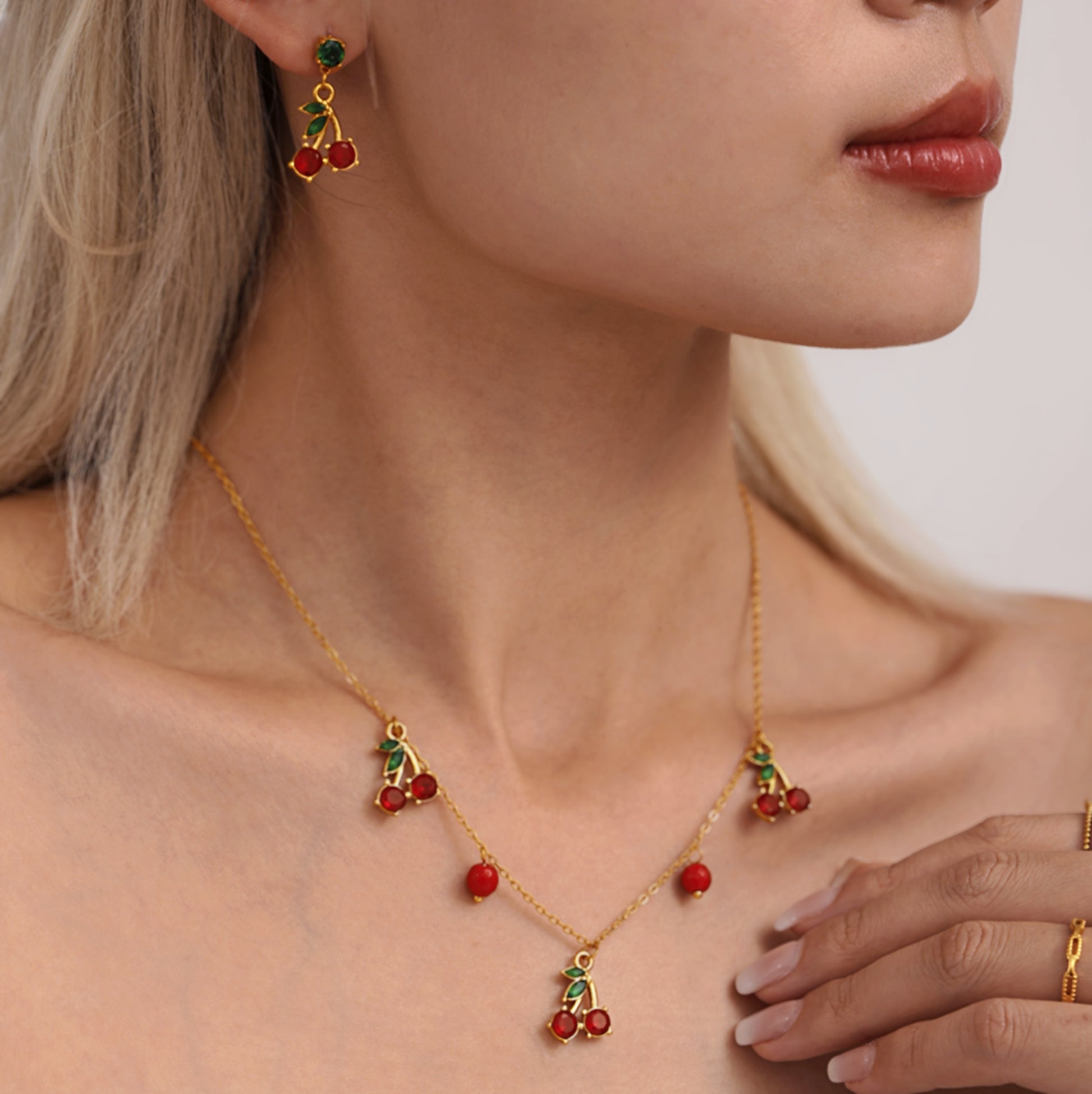 Ruby Cherry Gold Charm Necklace
