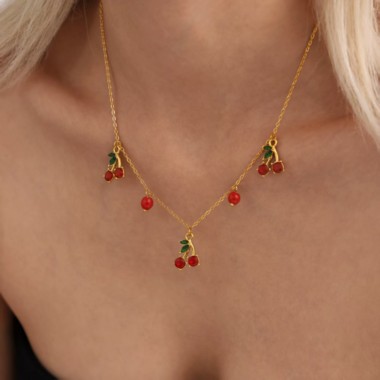 Ruby Cherry Gold Charm Necklace