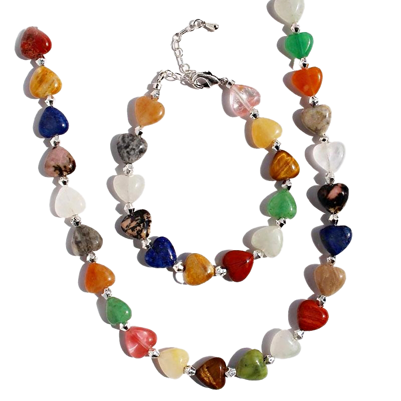 Multigemstone Natural Crystal Heart Bracelet & Necklace